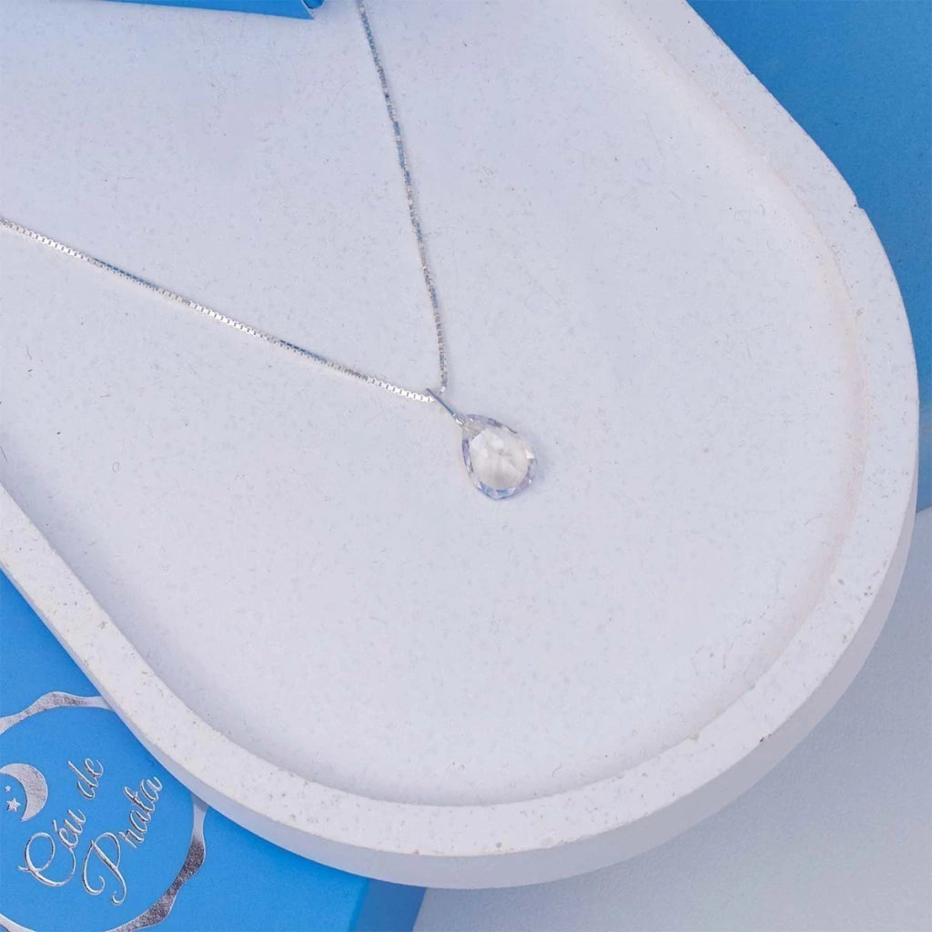 Colar de Prata Gota Zircônia Branca 45cm