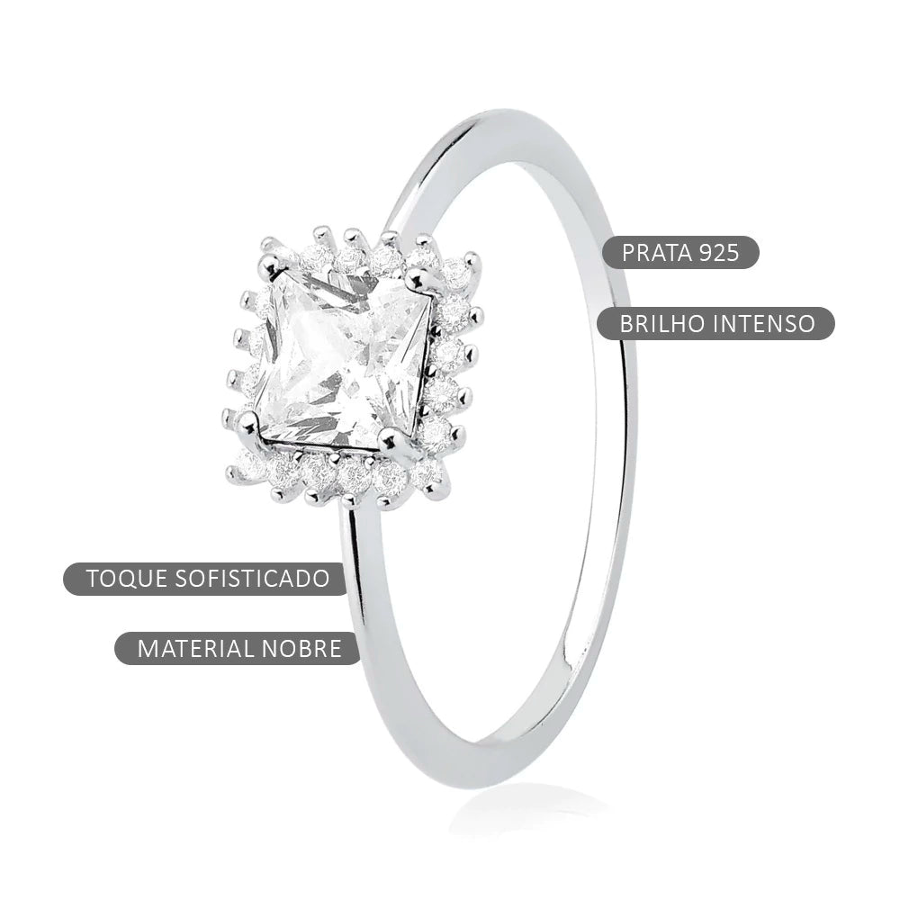 Anel de Prata Zircônia Quadrada Branca Cravejada