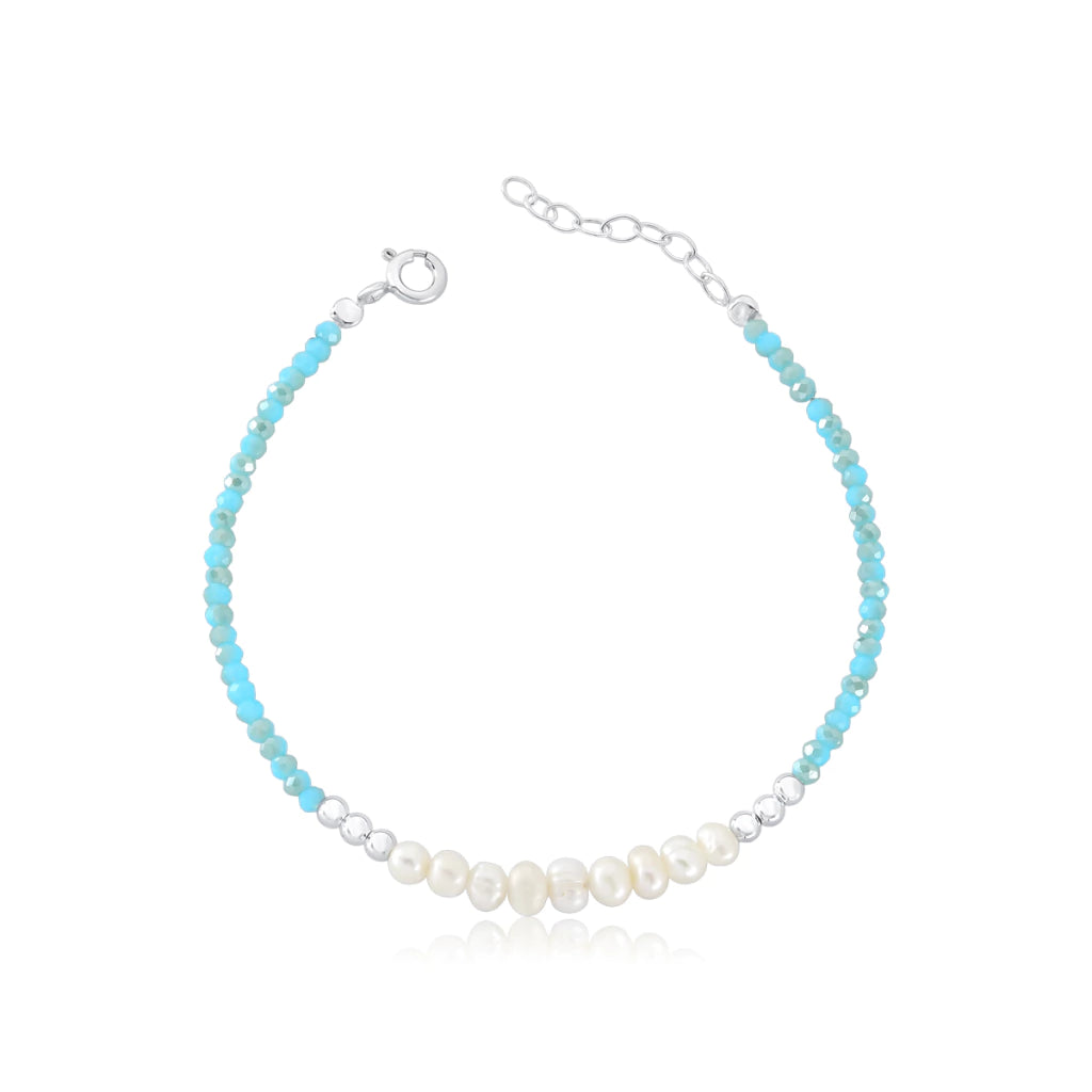 Pulseira de Prata Cristais Azul e Pérolas 20cm
