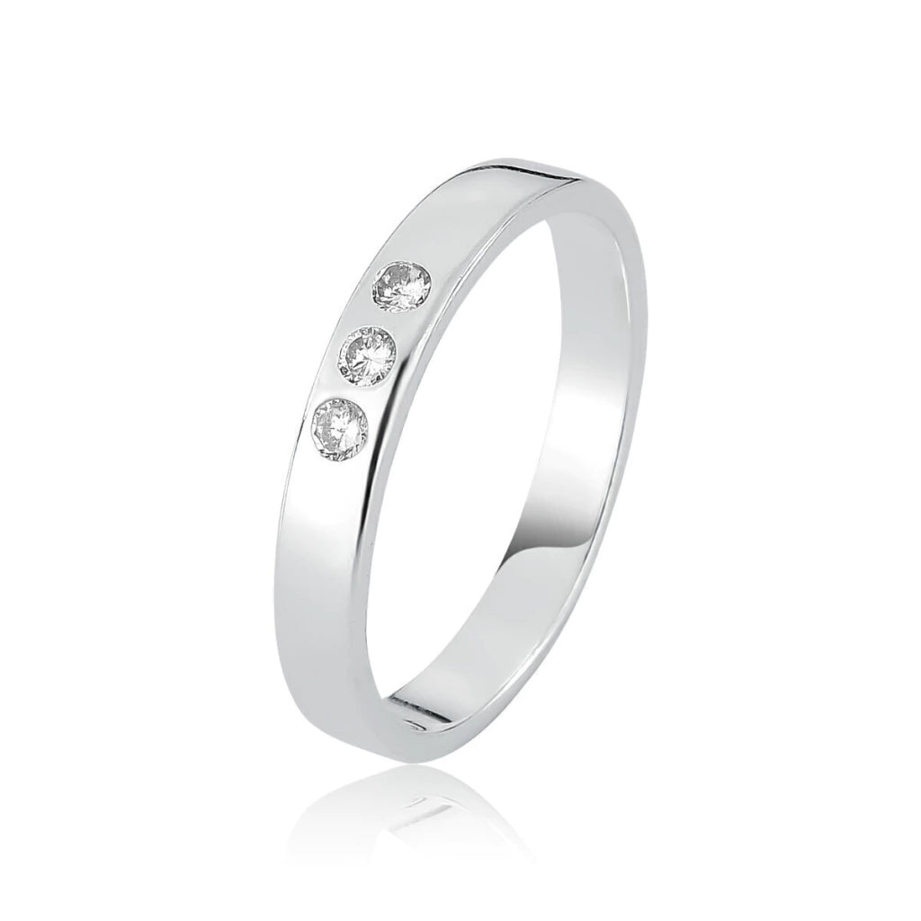 Anel de Prata 925 Aro Liso com Três Zircônias Brancas + Caixinha