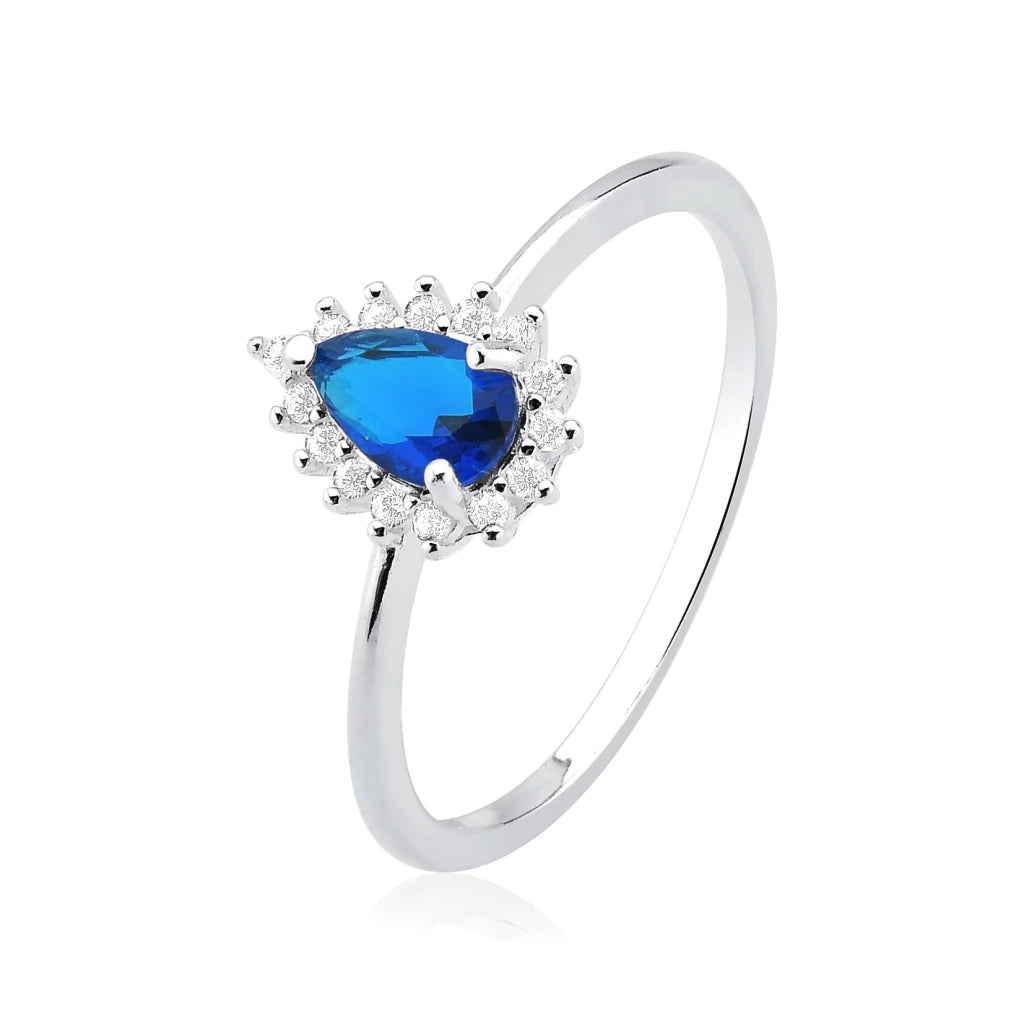 Anel de Prata Gota Azul Escuro Cravejada