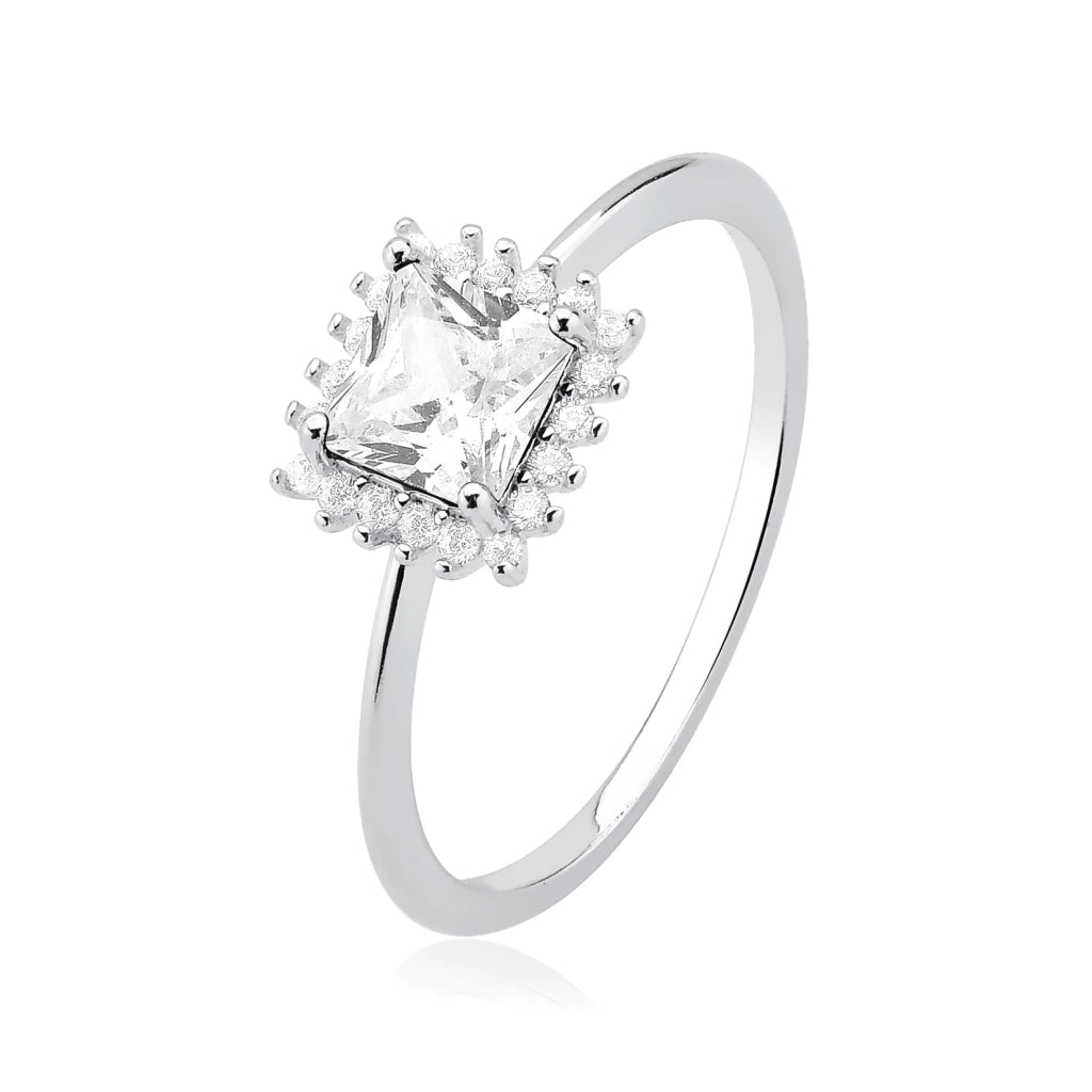 Anel de Prata Zircônia Quadrada Branca Cravejada