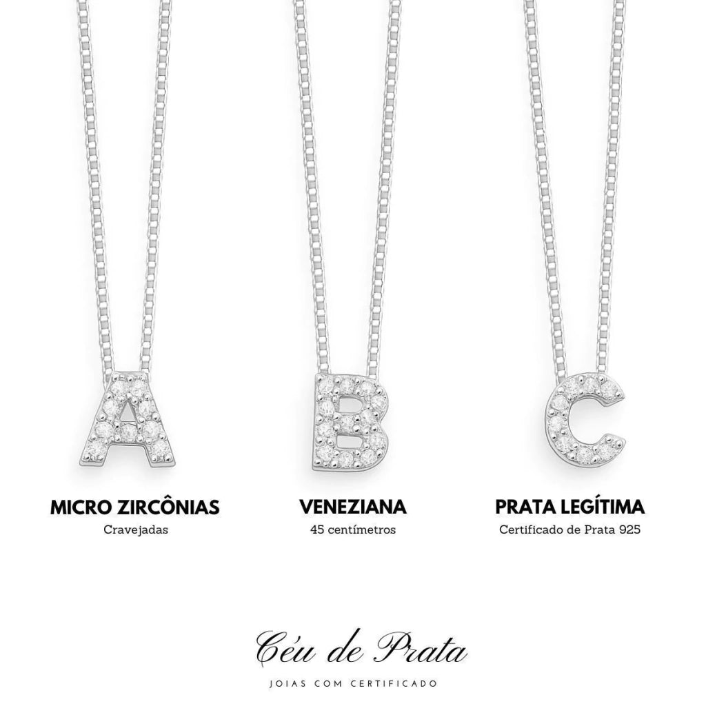 Colar de Prata Letra Inicial Cravejadas com Zircônias 45cm