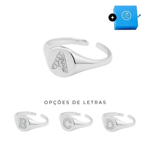 Anel de Prata Regulável Sinete com Letra Cravejada