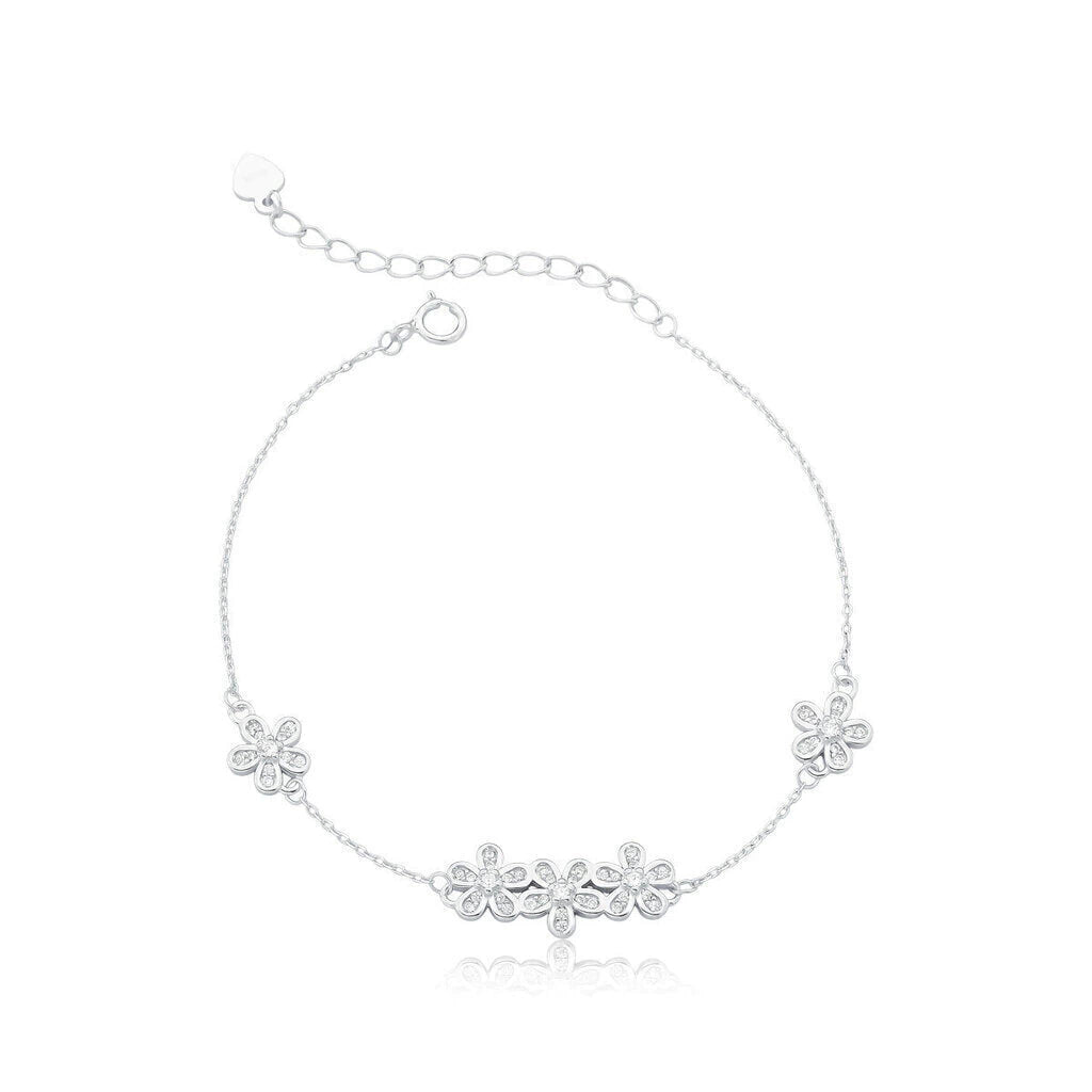 Pulseira de Prata Cinco Flores Cravejadas 21cm