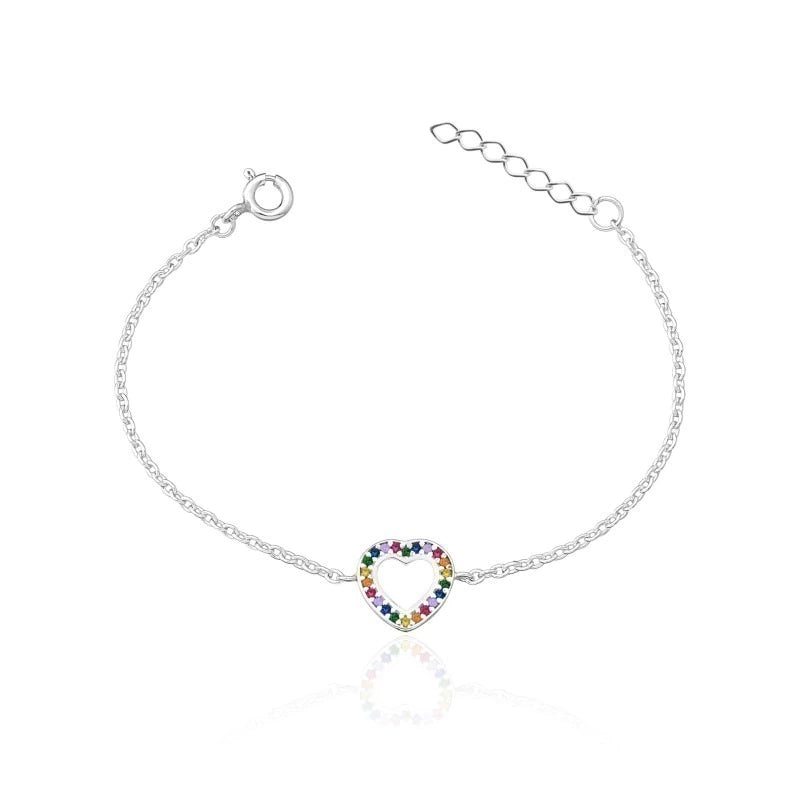 Pulseira de Prata Coração Cravejado Colorido 18cm: Brilho Múltiplo para Noites de Gala