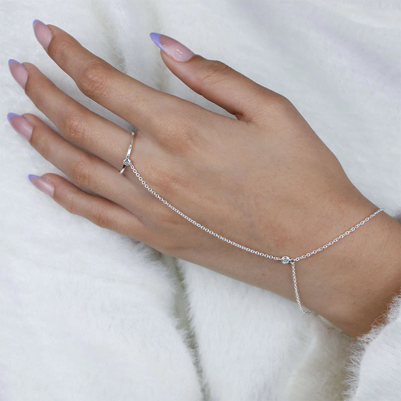 Pulseira e Anel de Prata Hand Chain Jade com Zircônia (1mm)